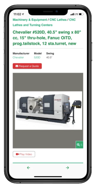 Machinery listings on mobile app