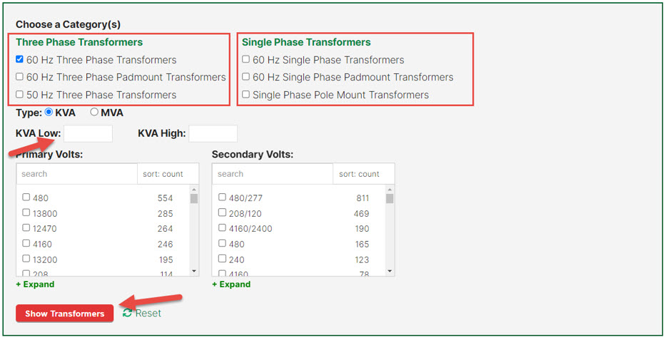 Choosing the appropriate filters and categories within the Transformer Search