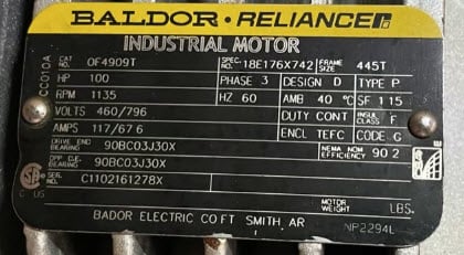 Baldor Reliance industrial motor nameplate