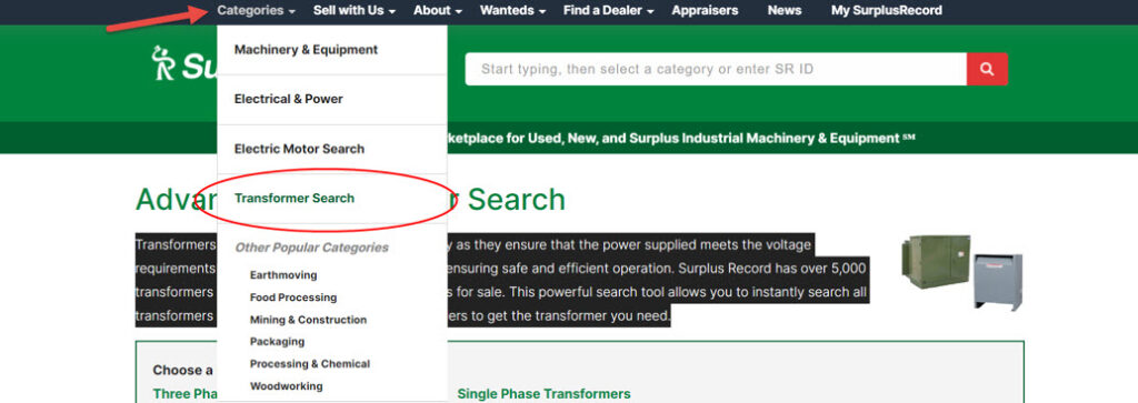 Transformer Search in dropdown menu of the Surplus Record website