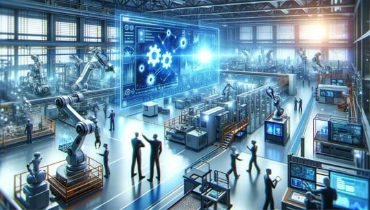 Conceptual illustration of artificial intelligence employed in a machine shop