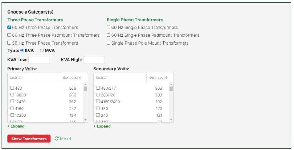 Filters on the advanced transformer search tool