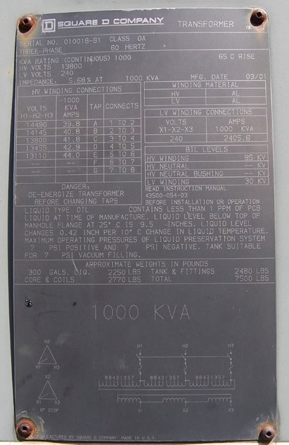 Frequency rating plate and specifications on transformer
